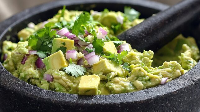 Fresh guacamole molcajete with chunky avocado pieces, diced red onion and cilantro garnish served in traditional volcanic stone mortar bowl