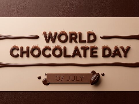 World Chocolate Day Greeting Banner with 3D Liquid Text Effect and Cocoa Bean Decoration on Brown Background