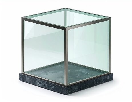 An empty glass cube display case with a stone base