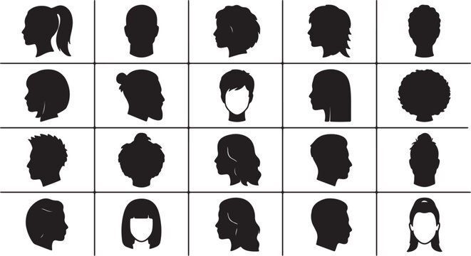 A Comprehensive Collection Of Diverse Human Head Silhouettes Displaying Various Hairstyles And Cuts