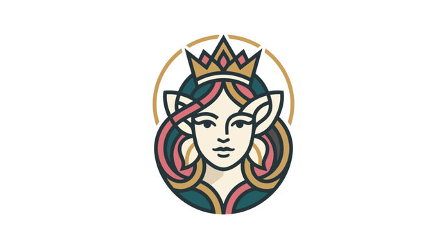 Stylized elven queen portrait logo with crown and floral elements.