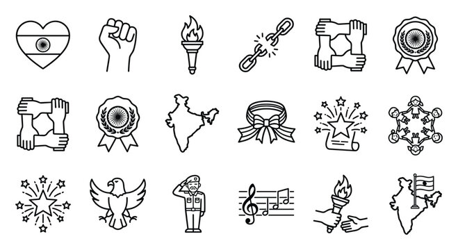15 august india independence day patriotism unity vector set, indian map flag heart torch peace dove broken chains national anthem salute line art icons for patriotic freedom heritage design