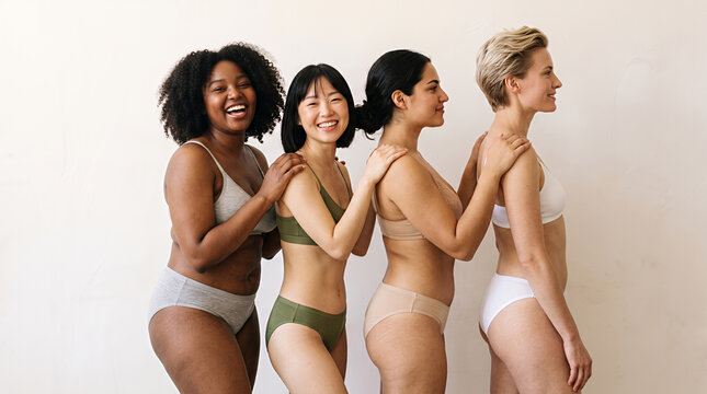 Group of diverse women in neutral lingerie showcasing beauty and confidence