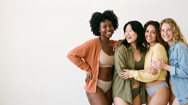 Five diverse women standing together in underwear celebrating body confidence