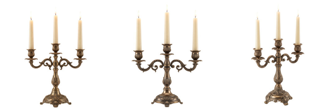 Three ornate vintage brass candelabras with candles isolated on transparent background
