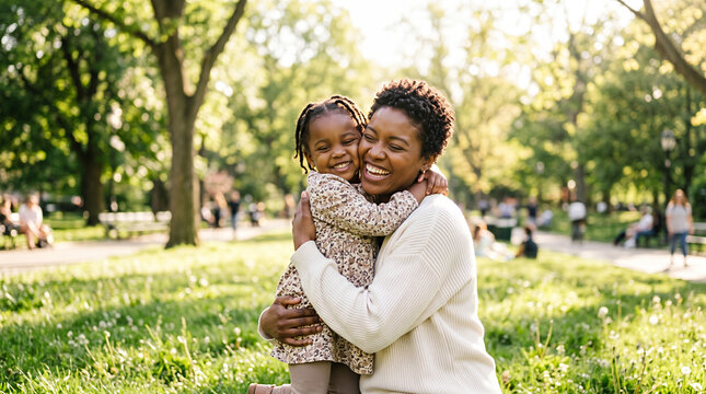 Mother and young daughter embracing outdoors in sunny park with blurred background