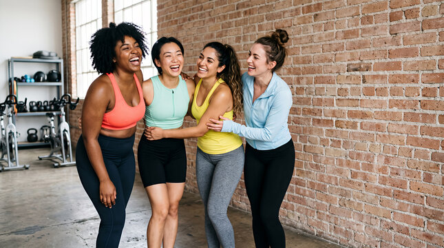 Four women friends in fitness studio laughing together in colorful workout gear