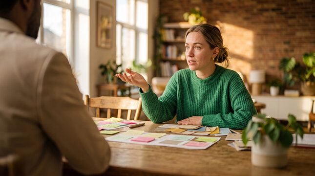 Woman presenting design ideas at creative workshop table