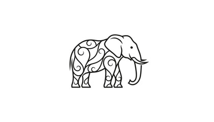 Fototapeta premium Ornate elephant walking silhouette decorated with beautiful abstract black swirl patterns on plain white background.