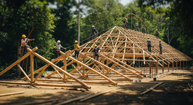 footage of a bamboo truss roof gradually assembled from ground level to completion on a nature retreat.