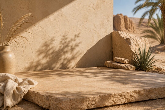 Desert Stone Slab Mockup Against Adobe Wall with Palm Tree Shadow