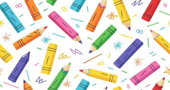Colorful wax crayons and pencils scattered on a white background for a back to school concept