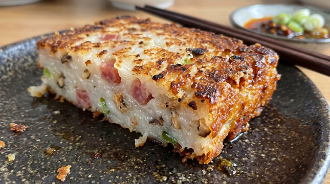 Pan-Fried Chinese Turnip Cake with Crispy Crust, Cured Meat, Shiitake Mushrooms, and Green Onions