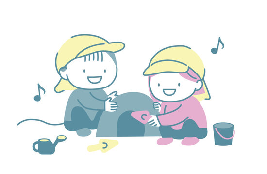 帽子をかぶって砂場遊びを楽しむ子供たち