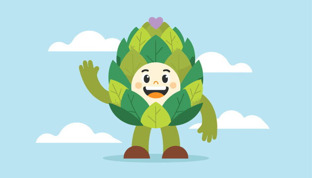 Cute artichoke vegetable character smiling and waving hand with a green leaf body on a cloudy sky background.