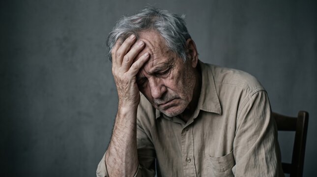 Stressed mature man sitting and holding head with hand feeling deep concern and anxiety stressed concerned headache