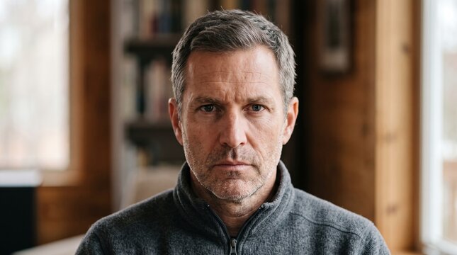 Portrait of mature man with neutral expression staring directly at camera portrait expression masculine thoughtful