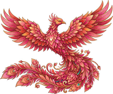Phoenix bird rises with elegant vibrant feathers in this artistic divine.