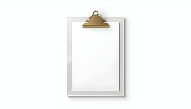 Clear acrylic clipboard with a gold clip holding a blank white paper sheet isolated on white background.