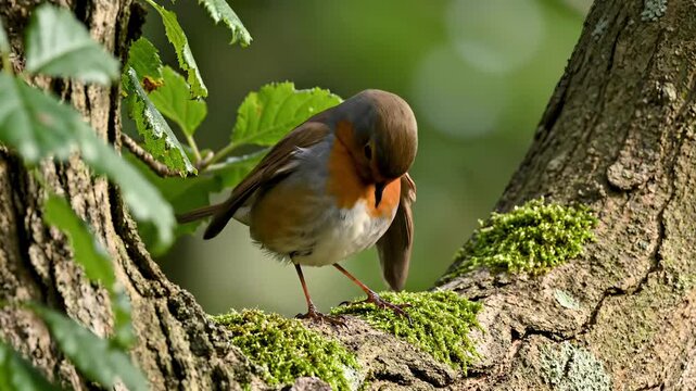European robin perching mossy tree branch. Bird preening feathers. Wildlife nature outdoors