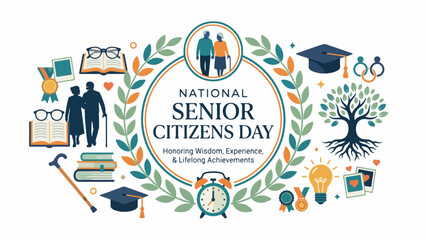 Fototapeta premium National Senior Citizens Day Vector Illustration with Elegant Typography Elderly Couple Silhouette Books Glasses and Wisdom Symbols on White Background