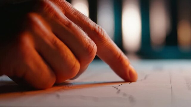 A Close-Up Perspective of a Finger Pointing on a Document, Highlighting Attention to Detail and Focus in an Analytical or Planning Scenario