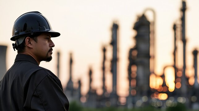 Industrial worker in hard hat overlooking refinery complex at sunset, representing energy sector careers
