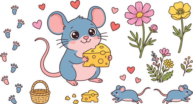 Cute Cartoon Blue Mouse with Cheese Vector Element Set Featuring Spring Flowers, Paw Prints, Hearts, and Picnic Basket for Children Graphic Design