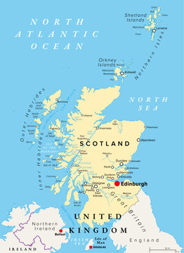 Scotland, part of UK, political map, with capital Edinburgh and largest cities. Country of United Kingdom, consisting of northern part of island of Great Britain, Hebrides, and Northern Isles. Vector