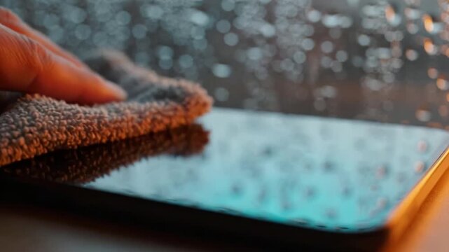 Cleaning a Smartphone Screen from Raindrops with a Cloth While Capturing the Beauty of Blurred Raindrops on a Window in a Cozy Indoor Setting
