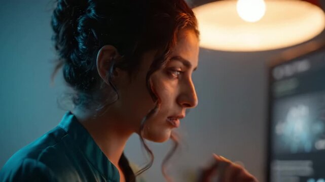 Focused Woman Engaged with Technology in a Dimly Lit Room, Screen Glow Highlighting Her Concentration and Expression, Showcasing Modern Connectivity and Attention