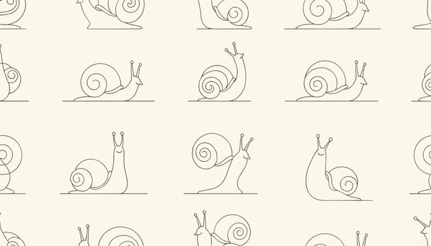 Minimalist seamless pattern featuring simple line art illustration of garden snails on a soft cream background.