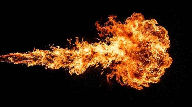 Powerful fire stream blast with intense orange flames erupting against dark black background for dramatic effect and energy