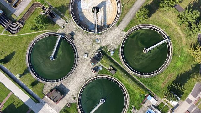 Aerial landscape of public utility wastewater treatment infrastructure