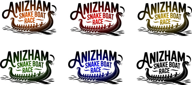 Anizham Snake Boat Race typography set featuring bold text integrated with traditional Kerala vallam kali snake boat and rowers in orange, red, gold, green, blue, and solid black color gradient variat