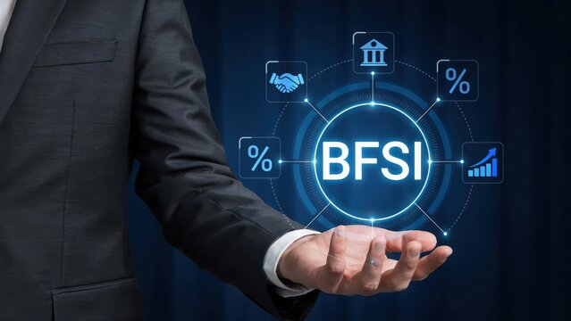 Businessman hand holding a digital bfsi icon representing banking and finance sector