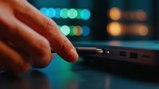 A close-up view of a hand connecting a USB cable to a laptop, depicting the moment of data transfer with vibrant background lights creating a dynamic atmosphere.