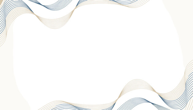 Minimalist modern background design featuring elegant blue and gold abstract wavy lines flowing across a clean white space.