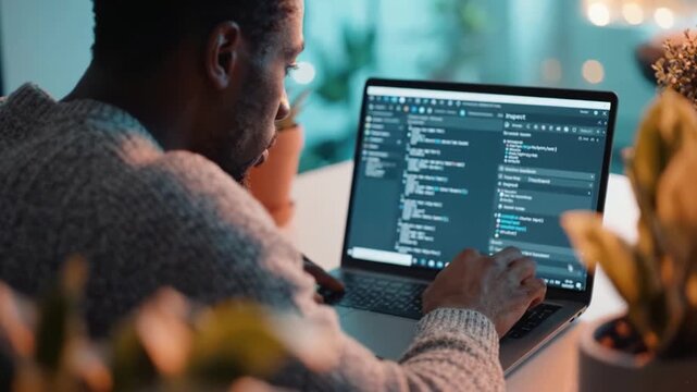 Focused individual working on laptop in a cozy setting, analyzing data or completing a task, surrounded by plants and soft lighting, highlighting productivity and comfort.