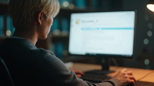 Focused Individual Engaged with Computer Screen in Dimly Lit Workspace, Emphasizing Productivity and Concentration on Task Completion Late at Night