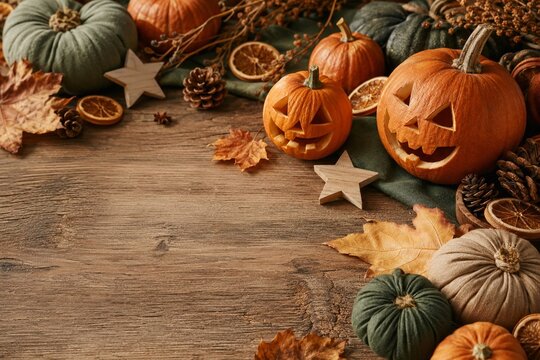 Rustic Wooden Table Autumn Pumpkins Jack O Lanterns Leaves Background