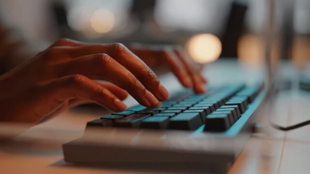 Focused Hands Typing on a Keyboard in a Modern Workspace, Emphasizing the Connection Between Technology and Productivity in a Comfortable Environment