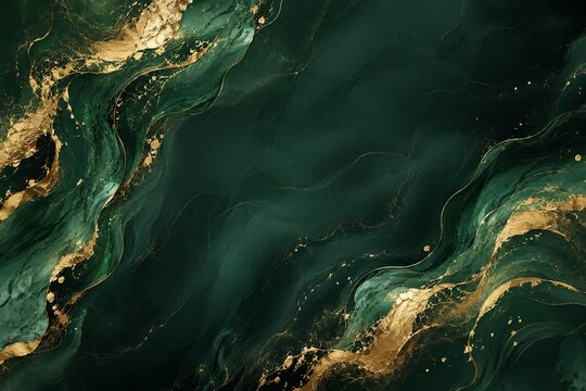 Dark Emerald Green Abstract Marble Background with Gold Accents
