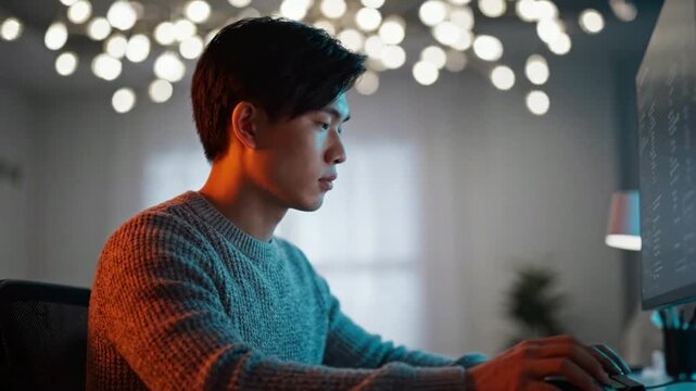Focused Young Man Working on Computer in Cozy Room with Warm Lighting and Soft Background, Deep in Thought While Engaging with Digital Task on Screen.