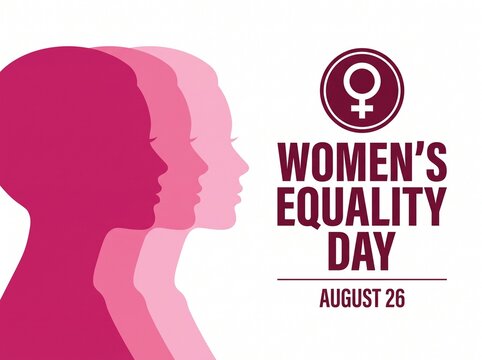 Women's Equality Day Banner with Female Silhouettes in Pink Gradients and Venus Gender Symbol for August 26