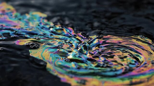 Oil Slick Rainbow Patterns Swirling on Dark Rippling Water Surface in Hypnotic Movement