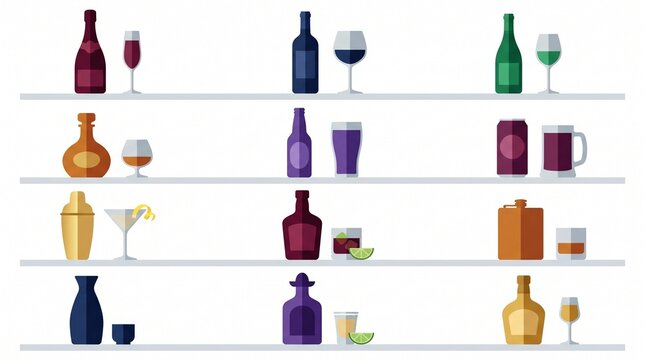 Flat vector set of alcoholic beverage bottles and glasses on shelves, perfect for bar menu design, restaurant promotion and beverage advertising