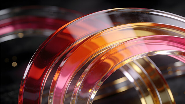 Close-up of layered transparent glass arcs with glossy reflective surfaces