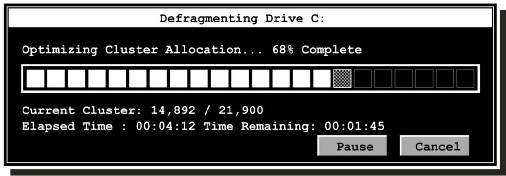 Hard drive defragmentation process on a vintage computer screen with a progress bar and optimization details