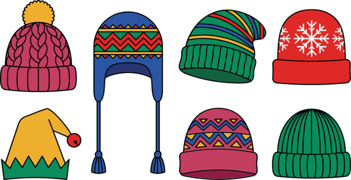 Winter knit beanie hats earflap cap elf hat and snowflake beanie vector icon set isolated on white